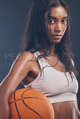 Buy stock photo Basketball player portrait, sports workout and woman for studio challenge, practice game or fitness competition. Performance training, health exercise and athlete model isolated on dark background