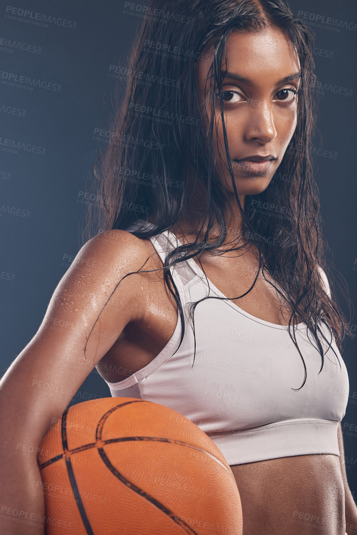 Buy stock photo Basketball player portrait, sports workout and woman for studio challenge, practice game or fitness competition. Performance training, health exercise and athlete model isolated on dark background