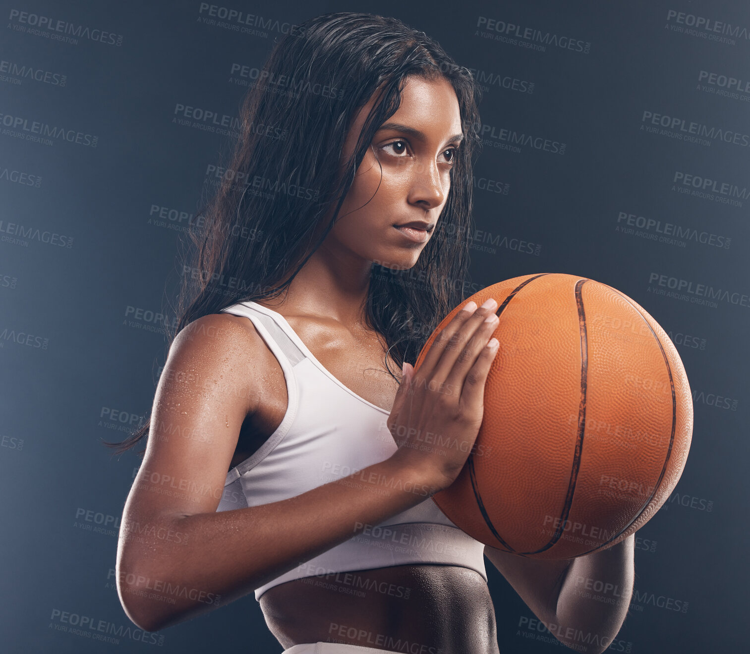 Buy stock photo Basketball player, sports training and studio woman for wellness challenge, practice game or fitness competition. Performance workout, health exercise and athlete model isolated on dark background