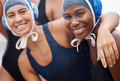 Buy stock photo Portrait, sports or happy team in swimming pool for water polo practice, workout or body fitness. Wellness, smile or healthy athlete girlfriends exercising for cardio, endurance or exercise goals