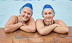 Swimming, sports portrait and women together for exercise, happy training and fitness. Athlete people with a smile and pride in water or pool for workout, swim and motivation for fitness goals 