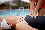 Woman, pool and lifeguard hands for cpr, emergency and helping hand for teaching first aid for wellness. Swimmer, sports accident and help for lungs, breathing and support with saving life outdoor