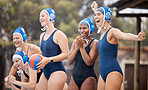 Woman, water polo and team celebration for sports match, victory or game in support for win. Group of female swimmers clapping in applause or cheering in teamwork for winning, unity or motivation