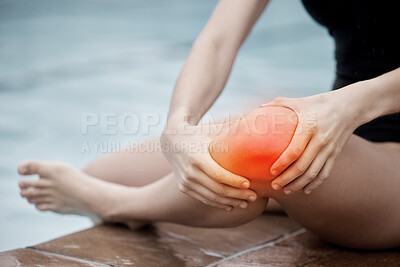 Buy stock photo Knee injury, sports and woman at swimming pool with medical pain, body strain and muscle emergency. Legs, red wound and water accident from training, arthritis and athlete anatomy for first aid help