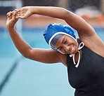 Stretching, sports or happy black woman by swimming pool for practice, workout or body fitness in warm up. Water polo, smile or healthy African girl athlete training for flexibility or exercise goals