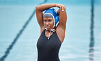 Training, water sports and stretching with black woman at swimming pool for health, workout and fitness. Wellness, relax and warm up with arm of girl athlete for cardio, endurance and exercise goals