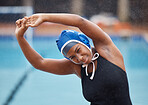 Woman, competition and pool for stretching arms to start training, exercise or contest by water. Girl, muscle warm up and swimming contest at university with goals, dream and vision for performance