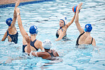 Water polo, woman team and pool for training, game or competition for fitness, teamwork or goal. Women group, aqua sports and college with splash, ball or strategy for motivation, athlete or vision