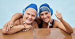 Swimming, thumbs up portrait and sports women for support, happy training and competition. Face of athlete people hand emoji in water or pool for exercise, winning and motivation for fitness goals 