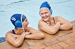 Swimming, sports and happy women for exercise, training and fitness. Athlete people have funny conversation together in water or pool for workout, swim and motivation for performance and sport goals 