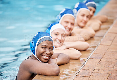 Swimming pool, sports and row of swimmer team ready for training, water aerobics and exercise in gym. Fitness, teamwork and portrait of female athletes smile for competition, workout and swim race