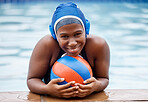 Sport, black woman in a pool with cap, portrait and swimming lesson for fitness, training and smile. Face, African American female and happy athlete with a ball, swimming and practice for competition