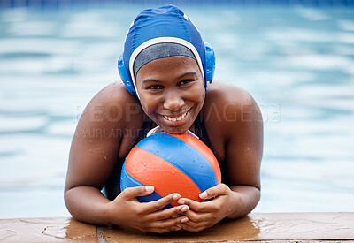 Buy stock photo Sport, black woman in a pool with cap, portrait and swimming lesson for fitness, training and smile. Face, African American female and happy athlete with a ball, swimming and practice for competition