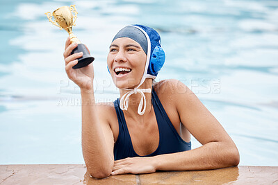 Buy stock photo Swimming pool, trophy and a winner sports woman in water, feeling proud after a competitive race. Gold, award or exercise with a female swimmer winning a competition and happy with her achievement