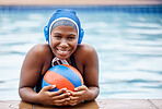 Portrait, sports or happy black woman in swimming pool for water polo practice, workout or body fitness. Wellness, relaxing or healthy African girl athlete with motivation, smile or exercise goals