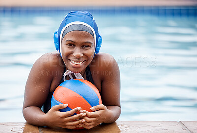 Portrait, sports or happy black woman in swimming pool for water polo practice, workout or body fitness. Wellness, relaxing or healthy African girl athlete with motivation, smile or exercise goals