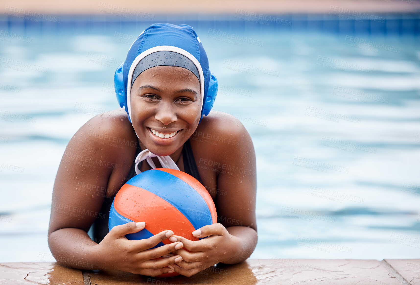 Buy stock photo Portrait, water polo or happy black woman in swimming pool for exercise, workout or practice in sports fitness. Relax, ball or healthy African girl swimmer with motivation, smile or training goals