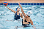 Water polo, swimming and women in sports competition, training and exercise. Professional athlete people together in pool for fitness, ball game and action with commitment for team performance goals