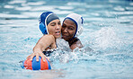 Women, swimming and water polo sports competition, training and exercise. Professional athlete people together in pool for fitness, ball game and action with commitment for team performance and goals