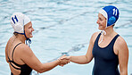 Swimming, sports competition and women handshake for support, happy training and challenge. Athlete people shaking hands together at water or pool for exercise, swim and motivation for fitness goals 