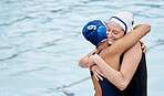 Swimming, sports women hug for support, happy training and competition win. Athlete people together with care at water or pool for exercise, swim and motivation or congratulations for fitness goals 