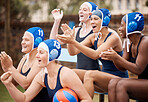 Woman, swimming team and applause for sports match, victory or celebration in support for win. Group of female swimmers clapping and cheering in teamwork for collaboration, unity and water polo