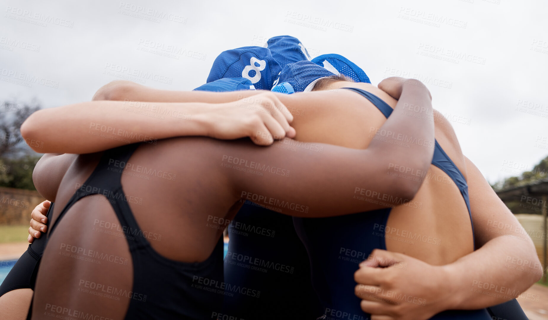 Buy stock photo Woman, water polo team and huddle in sports preparation for match, game or collaboration together. Female swimming group hug in teamwork coordination, motivation or strategy for win, unity or goal