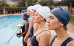 Swimming pool, focus and collaboration with a woman team standing outdoor together for sports competition. Water, fitness and teamwork with a female swimmer group getting ready for training