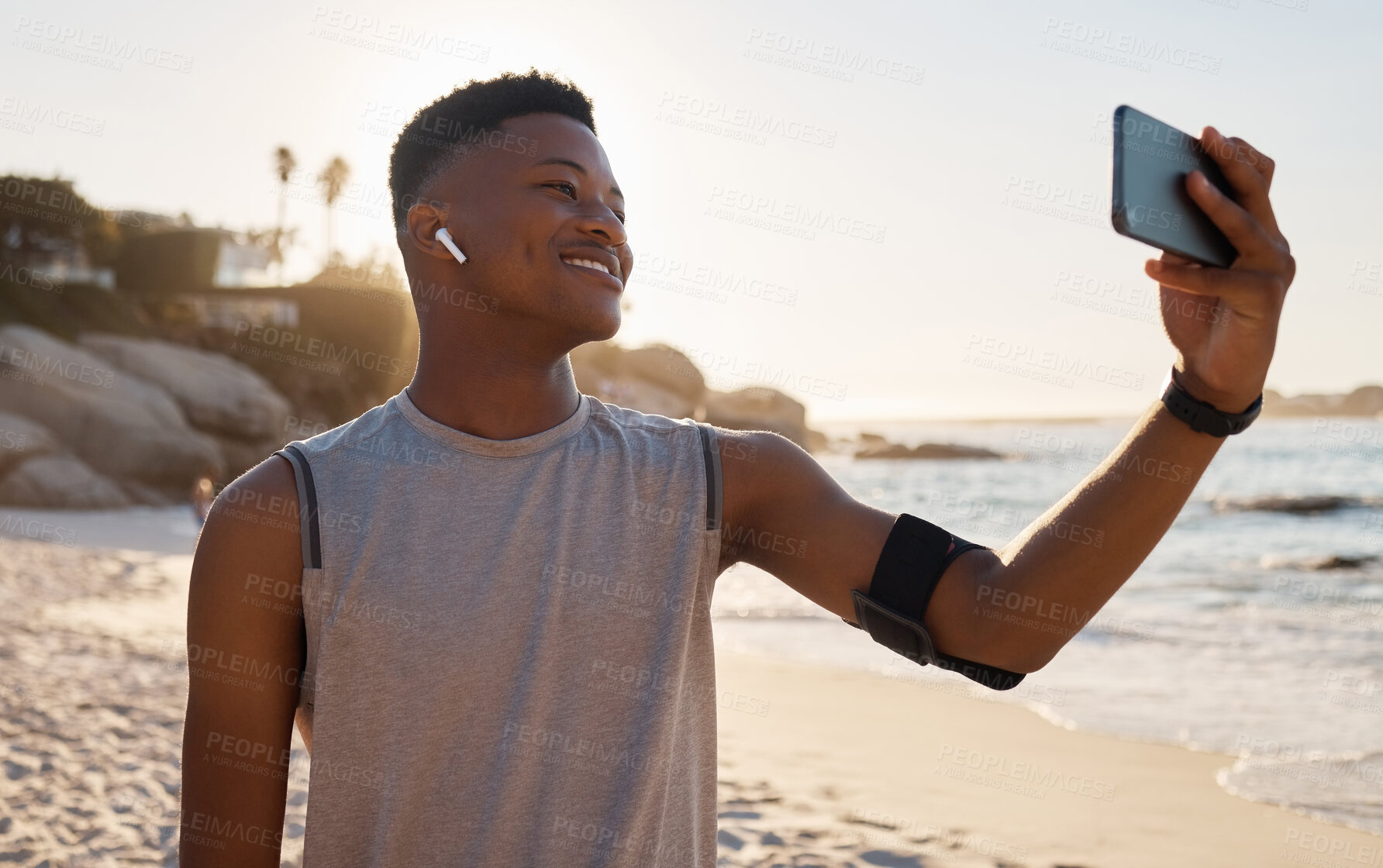 Buy stock photo Sports, fitness selfie and black man at beach for social media, video call or training blog update on running goals. Athlete, runner or african person with exercise, cardio or workout profile picture