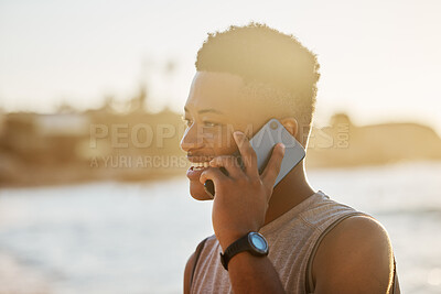 Buy stock photo Fitness, phone call and black man with smile, outdoor and connection with confidence, break and relax. Exercise, male athlete and gentleman with smartphone, communications and conversation outside