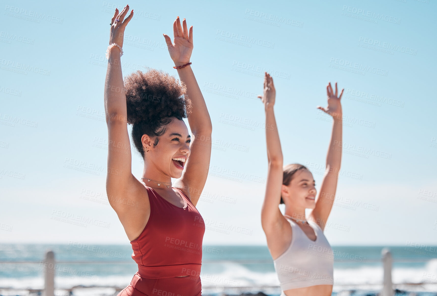 Buy stock photo Yoga, chakra and beach with woman friends outdoor together in nature for wellness training. Exercise, fitness or zen with a female yogi and friend outside for a mental health workout by the ocean