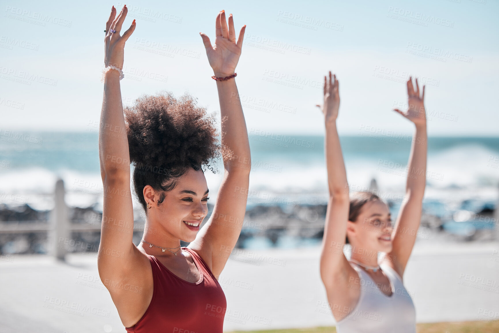 Buy stock photo Yoga, exercise and beach with woman friends outdoor together in nature for wellness training. Fitness, chakra or zen with a female yogi and friend outside for a mental health workout by the ocean