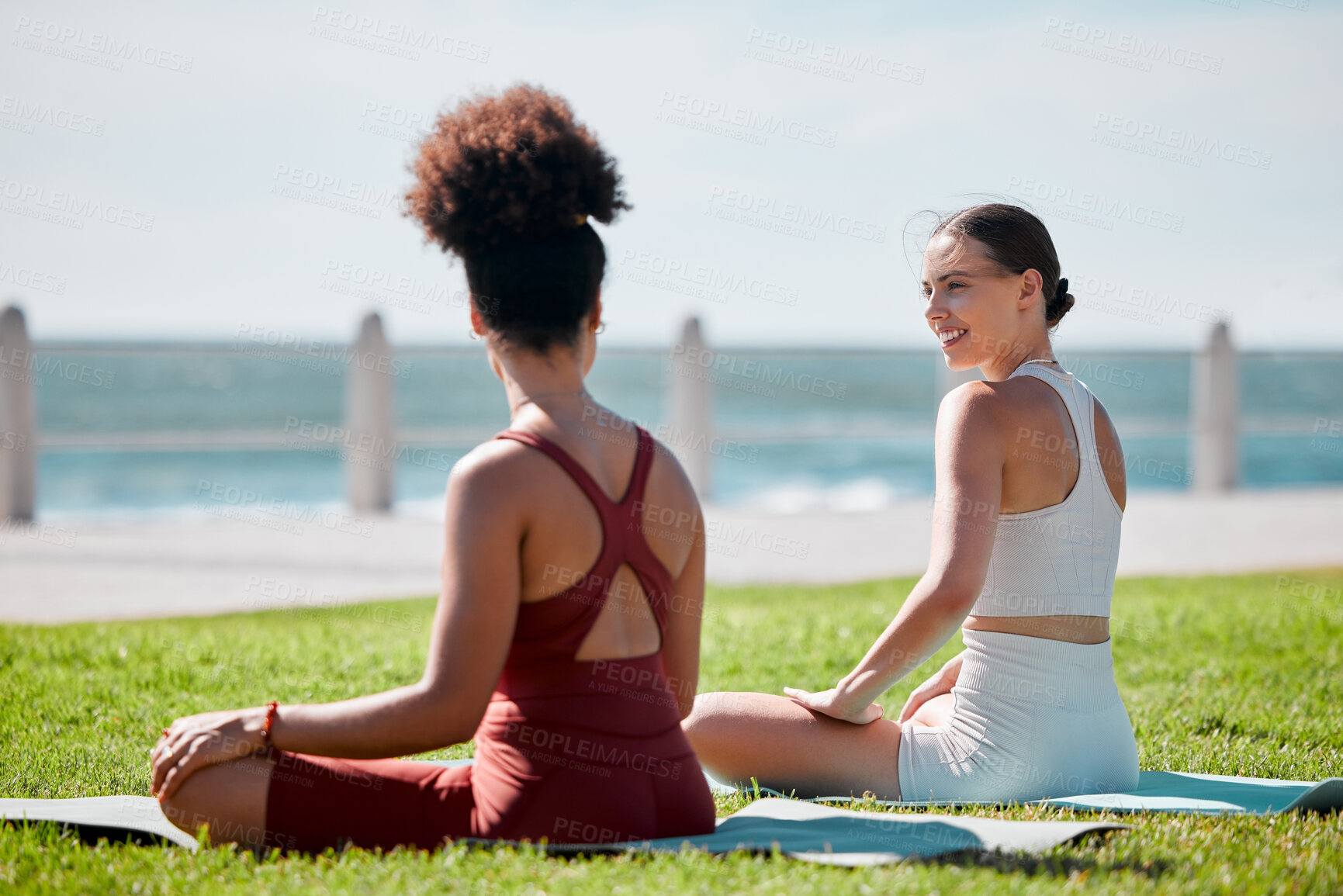 Buy stock photo Yoga, park and young couple of friends or women for zen fitness, exercise and mindfulness, healing and support. Pilates training, workout people talking of health and body wellness together at beach