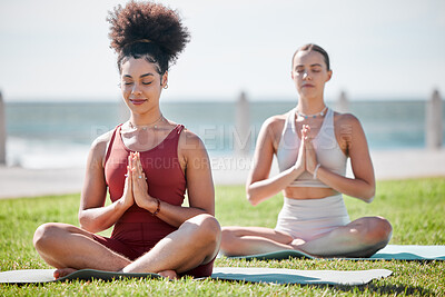 Buy stock photo Yoga, praying pose and couple of friends or women in zen fitness, exercise and mindfulness, healing and peace in park. Meditation, spiritual and calm people or USA personal trainer prayer or namaste