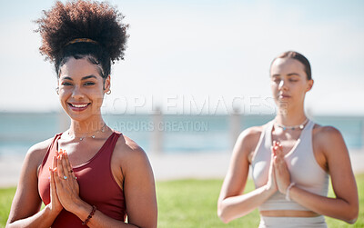 Buy stock photo Yoga, praying and portrait of black woman in zen fitness class, exercise and mindfulness for healing and peace. Meditation, beach or park of sports people or USA personal trainer prayer and namaste