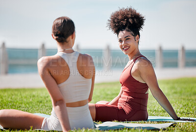 Buy stock photo Yoga, park and couple of friends or women talking of fitness, exercise and wellness class in diversity and support. Happy black woman or people with zen, health and holistic sports together in nature