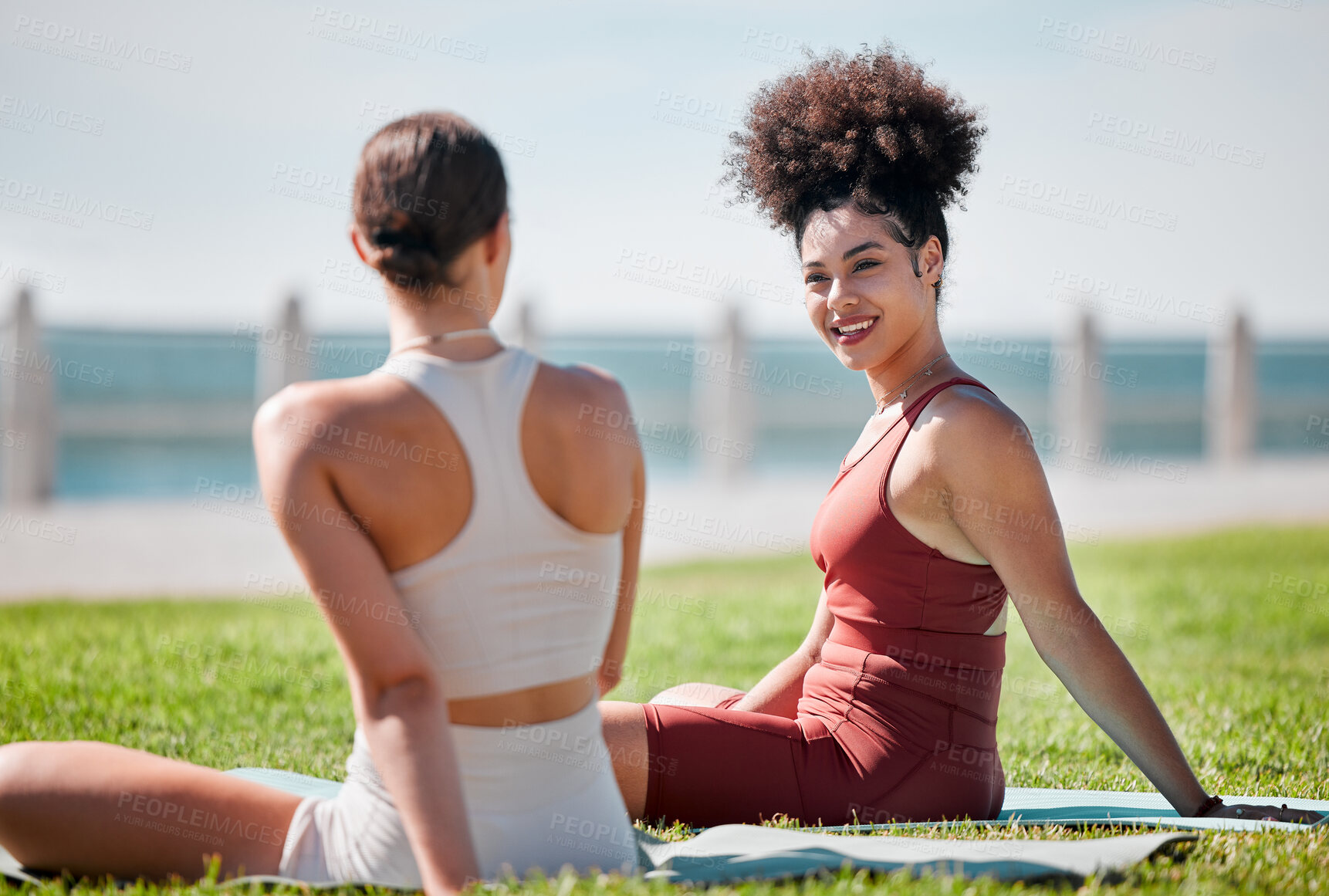 Buy stock photo Yoga, park and couple of friends or women talking of fitness, exercise and wellness class in diversity and support. Happy black woman or people with zen, health and holistic sports together in nature