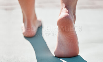 Buy stock photo Feet, walking and beach sand with person outdoor, closeup and fresh air with nature, travel and freedom. Natural pedicure, wellness and barefoot with holiday, peace and zen with seaside vacation