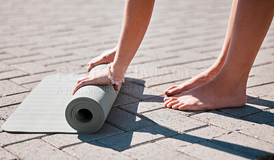 Buy stock photo Stretching, roll and feet of woman with yoga mat for pilates, mediation and workout training. Zen, health and motivation with hands of girl on ground ready for mindfulness, relax and wellness