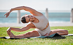 Stretching, flexibility and woman in nature for fitness, yoga and sports in New Zealand. Wellness, peace and girl with freedom and warm up to start an exercise, park workout and mind training