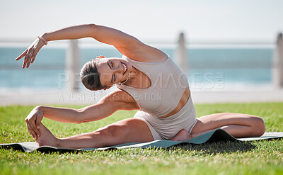 Buy stock photo Stretching, flexibility and woman in nature for fitness, yoga and sports in New Zealand. Wellness, peace and girl with freedom and warm up to start an exercise, park workout and mind training