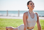 Yoga, wellness and woman stretching on grass for healthy lifestyle, pilates training and cardio workout. Sports, balance and happy girl doing meditation, cobra stretch and exercise for mindfulness