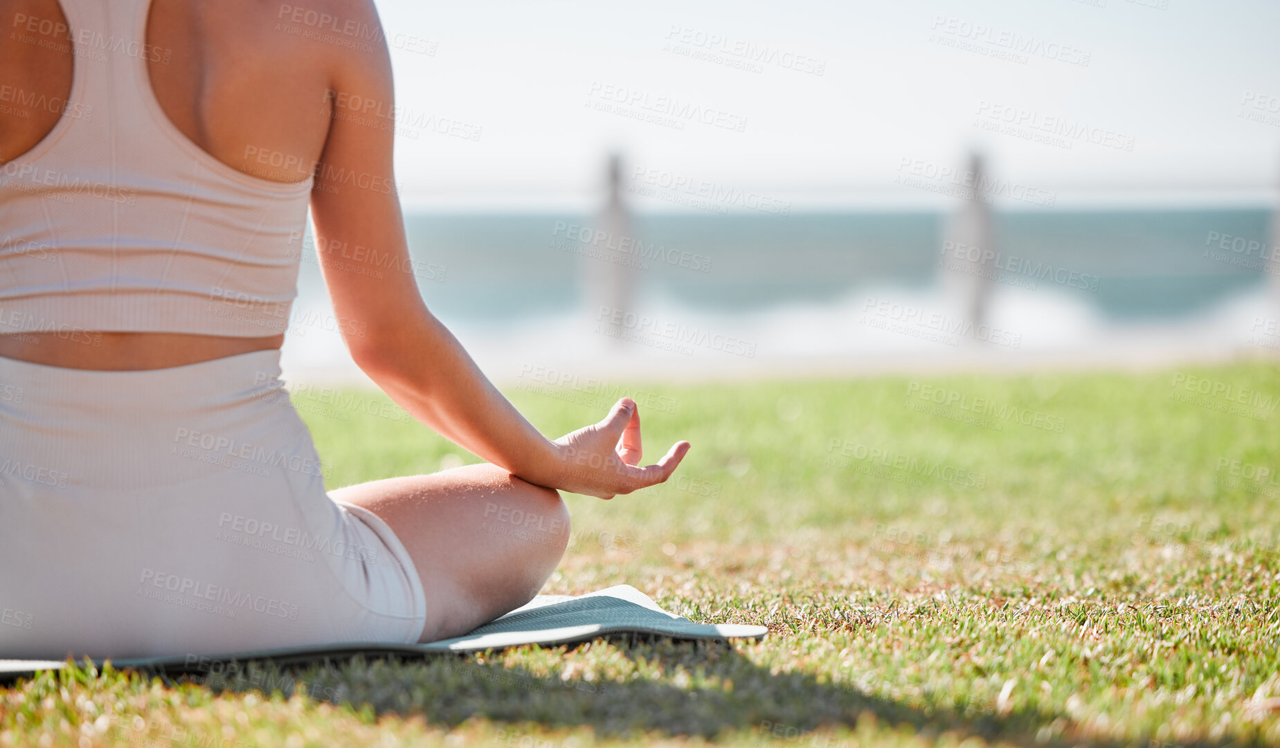 Buy stock photo Yoga, meditation and hands of woman on grass for healthy lifestyle, body wellness and cardio workout. Sports, pilates training and girl doing exercise for mindfulness, spiritual zen and peace in park