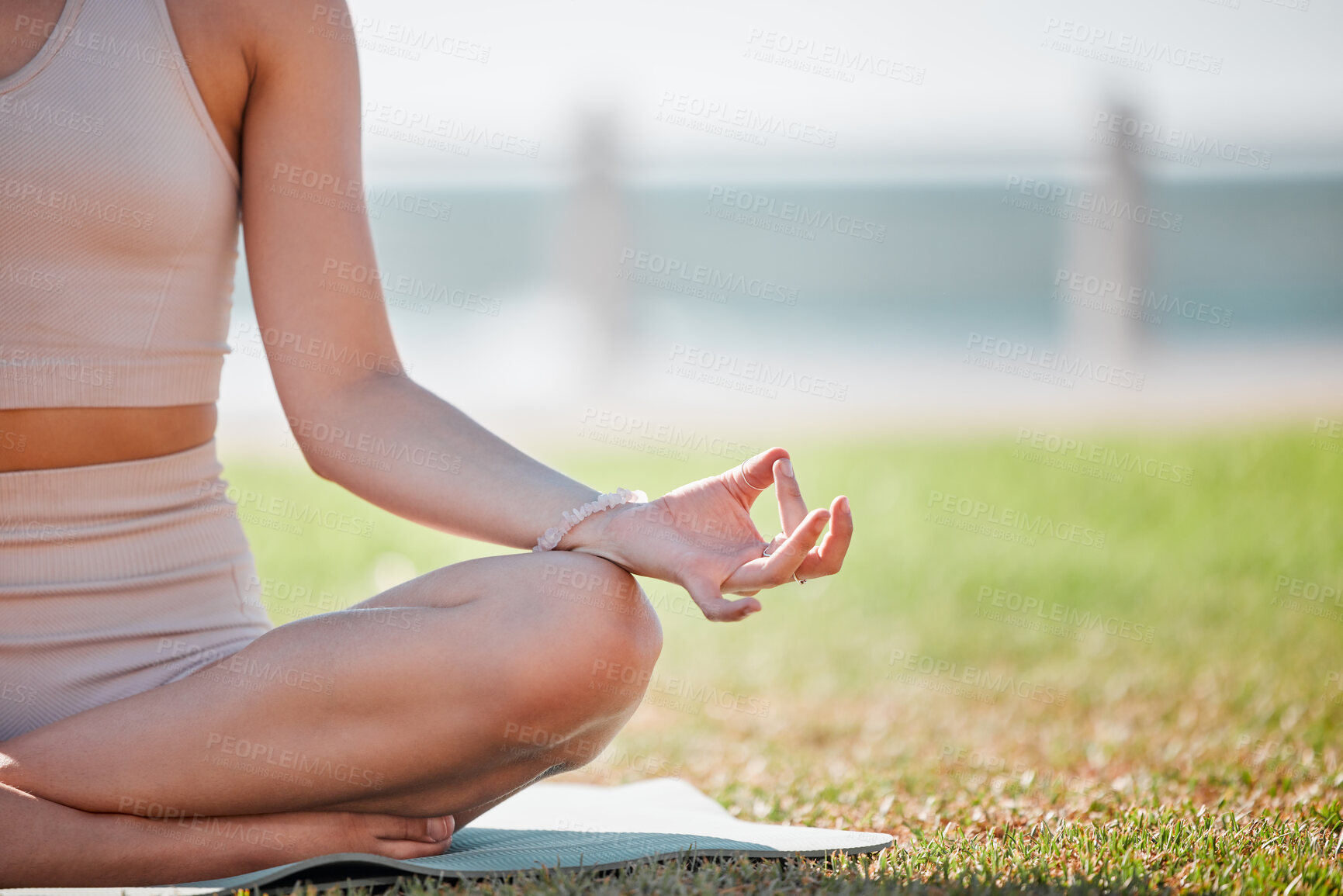 Buy stock photo Yoga, lotus hand and woman in park or beach for zen fitness, exercise and mindfulness, healing and peace. Meditation, nature and calm person with mental health, holistic training for body wellness