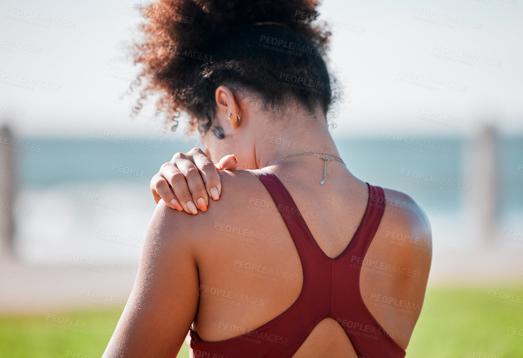 Buy stock photo Stretching, meditation and back woman in nature for yoga, fitness and mindfulness in Australia. Calm, zen and girl with a warm up to start spiritual training and balance for the mind in a park