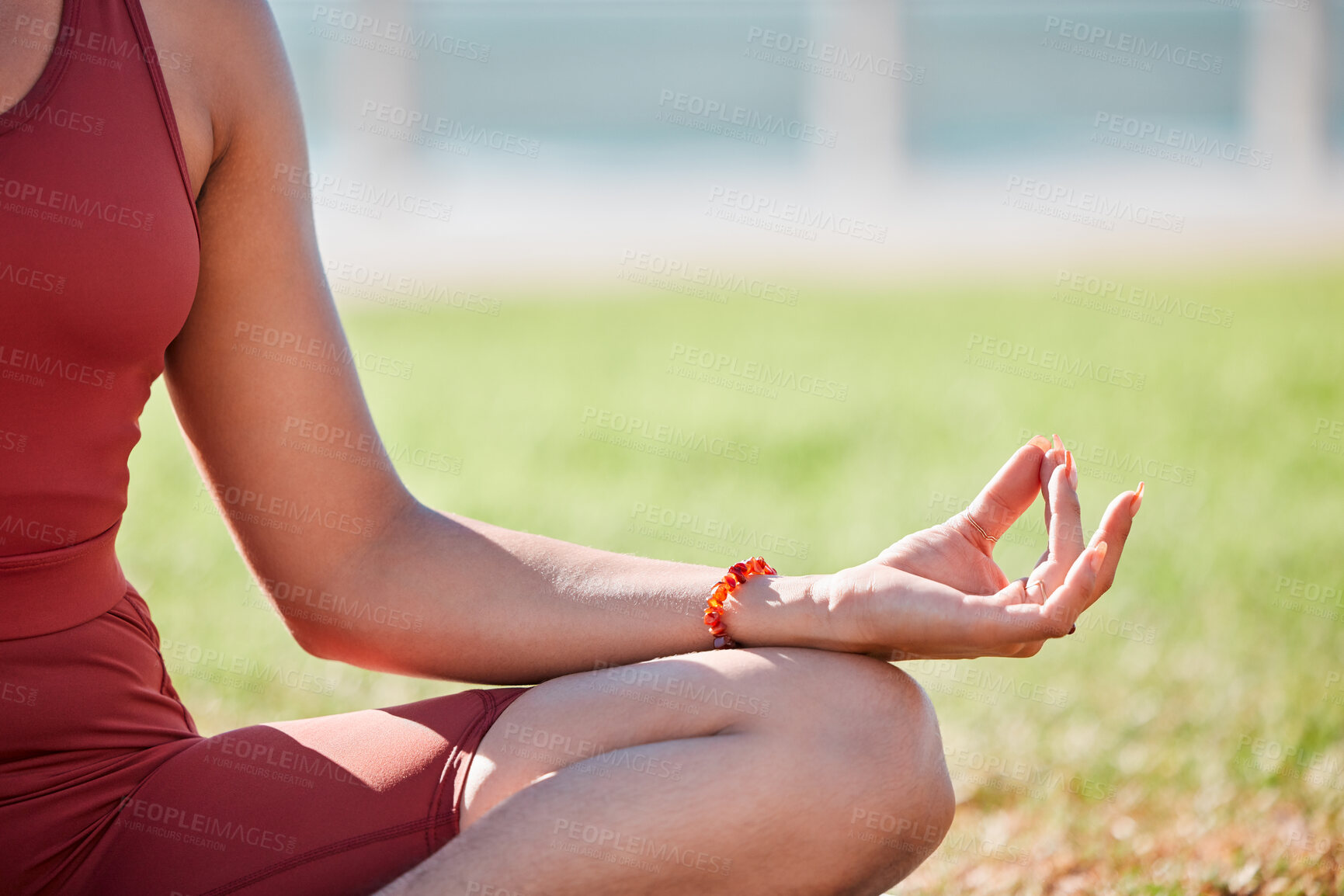 Buy stock photo Fitness, woman and hands in meditation for yoga, spiritual wellness or peaceful exercise in nature. Hands of female yogi in calm meditating for zen workout, relax or awareness on grass field outdoors