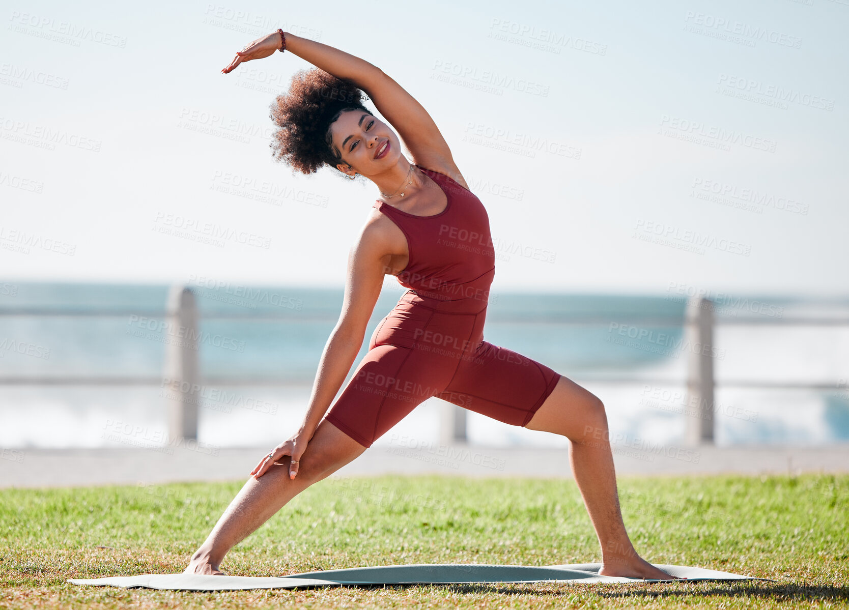 Buy stock photo Fitness, stretching and black woman for yoga on grass for healthy lifestyle, body wellness and cardio workout. Sports, pilates and girl doing meditation, training and exercise for zen, peace and calm