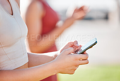 Buy stock photo woman hands, phone and outdoor with 5g network connection for communication or fitness app. Person outdoor with smartphone for social media, contact and typing for online search or chat at park