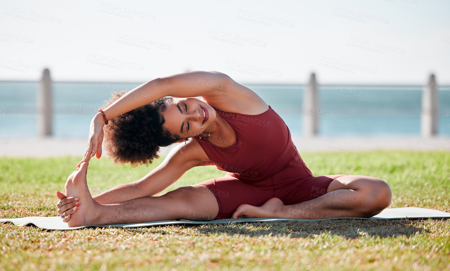 Buy stock photo Yoga, fitness and black woman stretching body on grass for healthy lifestyle, wellness and cardio workout. Sports, pilates and girl doing meditation, training and exercise for zen, peace and calm