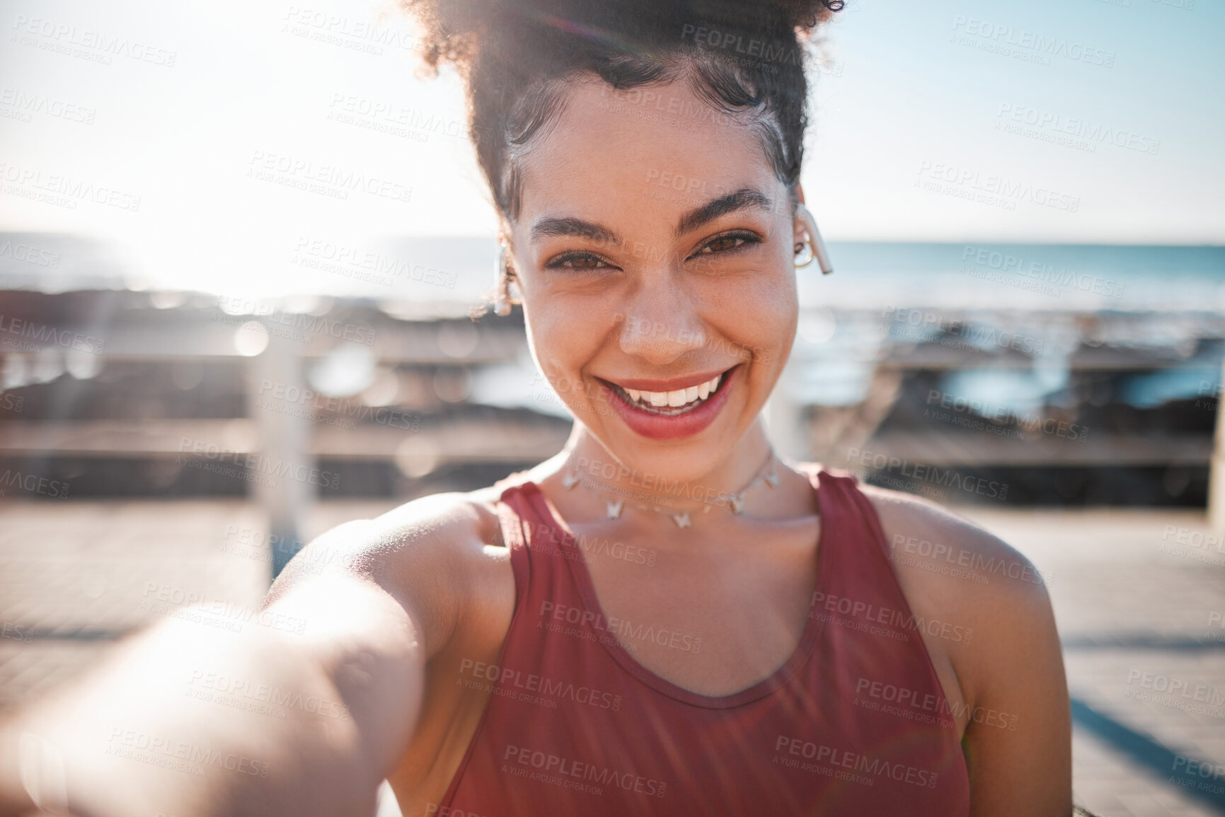 Buy stock photo Fitness, black woman and portrait smile for selfie, vlog or profile picture by beach for running exercise. Happy African American female runner smiling for social media, memory or post by ocean coast